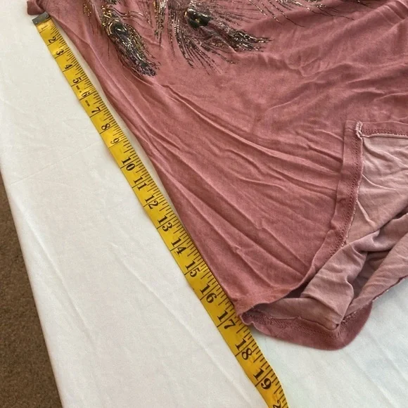 Monroe & Main blouse short sleeves peacock feathers print  shark bite size Large - Picture 2 of 7